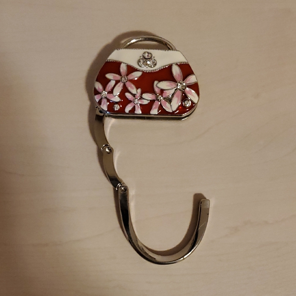 Enamel, Metallic Purse Holder shaped as a Red Purse with Pink Flowers - Picture 3 of 3